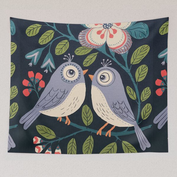 Item preview, Love Birds Wall Art |  Blue Folk Bird Pair with Floral Branch designed and sold by Filora Atelier | Bird Art.