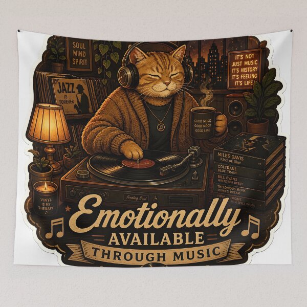 Item preview, Emotionally Available Through Music Retro Vinyl Aesthetic Cat designed and sold by StickyGuys.
