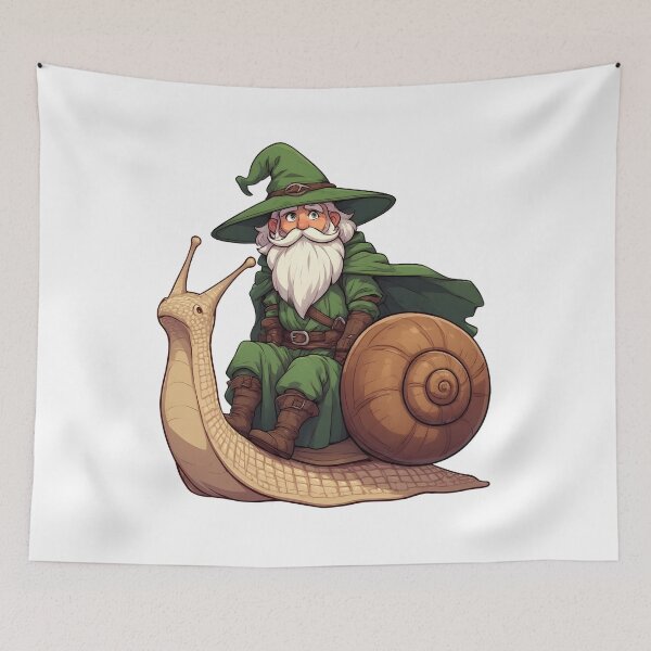 Item preview, Charming Green Wizard Riding Giant Snail Fantasy Illustration designed and sold by Karolina’s Cozy Creations.
