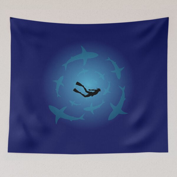 Item preview, Shark Circle Diver Design - Ocean Depths Survival Art, Minimal Marine Life Illustration. designed and sold by LunaPrintCo.