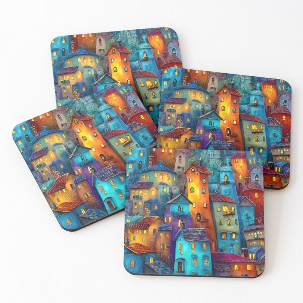 Item preview, Colorful Village with Charming Lit Windows at Night designed and sold by Artessie.