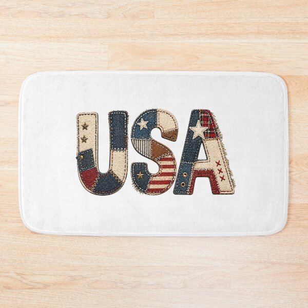 Item preview, USA Patchwork Denim | Western Americana Patchwork | Rustic Americana Patch | Red White and Blue Embroidery Effect | Vintage USA Patriotic Letters | Boho Patriotic Quilt designed and sold by Noe Mill.