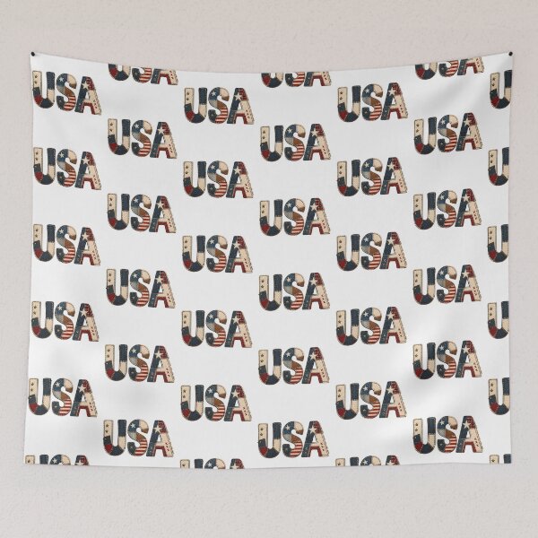 Item preview, USA Patchwork Denim | Western Americana Patchwork | Rustic Americana Patch | Red White and Blue Embroidery Effect | Vintage USA Patriotic Letters | Boho Patriotic Quilt designed and sold by Noe Mill.