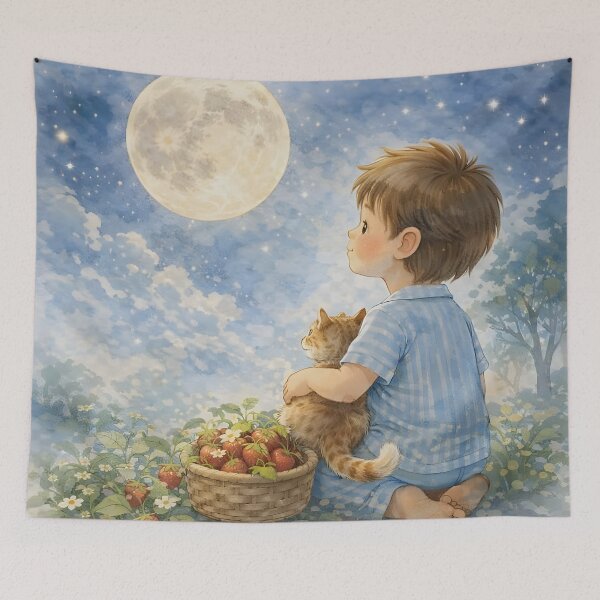 Item preview, Moonlight Boy And Cat Strawberry Garden Nursery Art designed and sold by LoveNurseries.