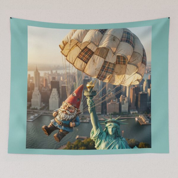 Item preview, Gnome Parachutes Near Statue of Liberty designed and sold by Tridentulus.