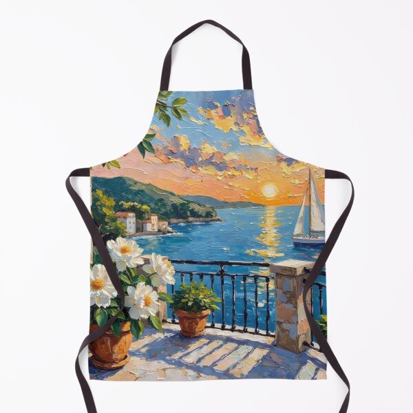 Item preview, Mediterranean Sunset Balcony - Coastal Sailboat Impasto Oil Painting designed and sold by TS68.
