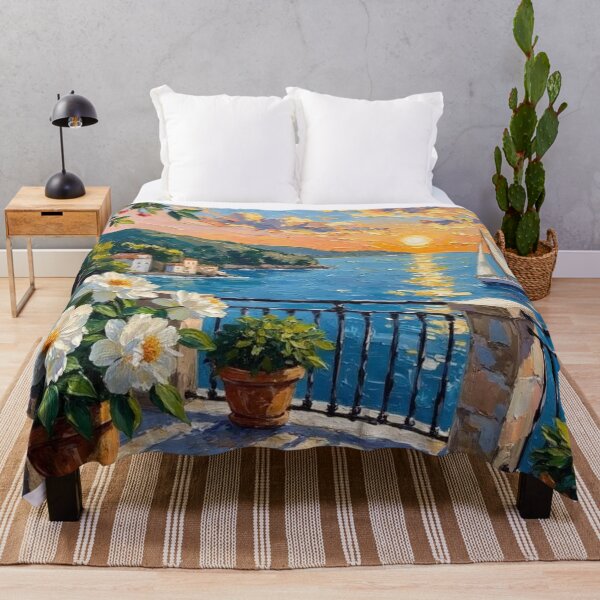 Item preview, Mediterranean Sunset Balcony - Coastal Sailboat Impasto Oil Painting designed and sold by TS68.