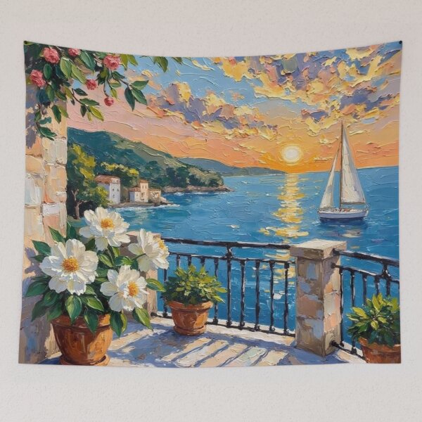 Item preview, Mediterranean Sunset Balcony - Coastal Sailboat Impasto Oil Painting designed and sold by TS68.