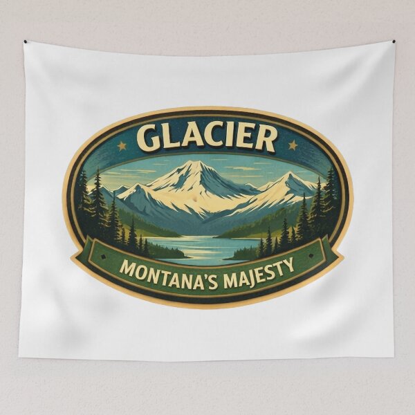 Item preview, Glacier National Park Montana Majesty Vintage Travel Badge Art designed and sold by SasquatchTrail.