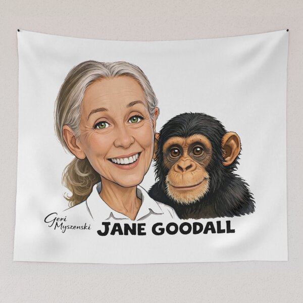 Item preview, Jane Goodall and her friend Chimpanzee April 3,1934 to October 1, 2025 designed and sold by The Art Queen Of Michigan .