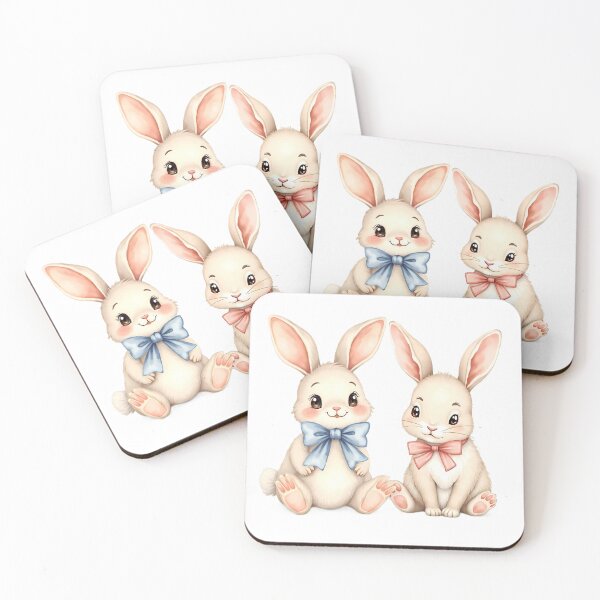 Item preview, Adorable Kawaii Twin Bunnies with Pink and Blue Bows - Sweet Sibling Rabbits designed and sold by AZABSTORE.