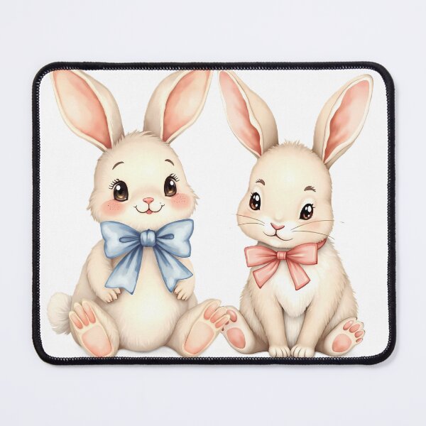 Item preview, Adorable Kawaii Twin Bunnies with Pink and Blue Bows - Sweet Sibling Rabbits designed and sold by AZABSTORE.