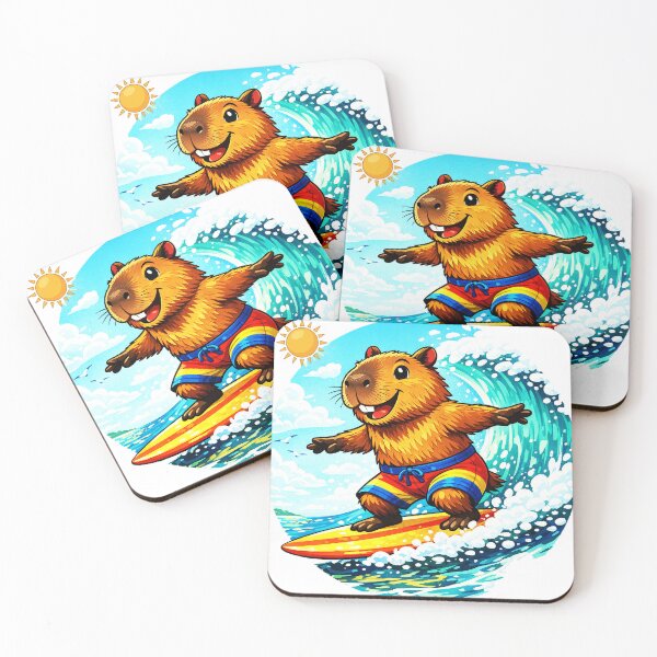 Item preview, Surfing Capybara T-Shirt - Cute Capy Hanging 6 Beach Vibes - Premium Cotton Summer Graphic Tee - Aesthetic Animal Surfer Shirt designed and sold by Cinderbox-Store.