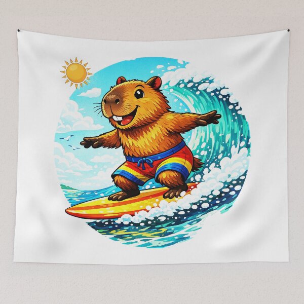 Item preview, Surfing Capybara T-Shirt - Cute Capy Hanging 6 Beach Vibes - Premium Cotton Summer Graphic Tee - Aesthetic Animal Surfer Shirt designed and sold by Cinderbox-Store.