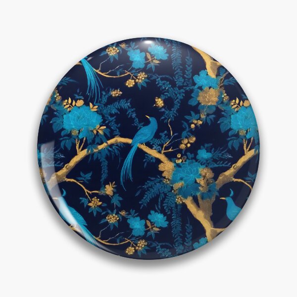 Item preview, Grandmillennial art, turquoise and gold chinoiserie birds and flowers on jewelled blue designed and sold by SophieClimaArt.