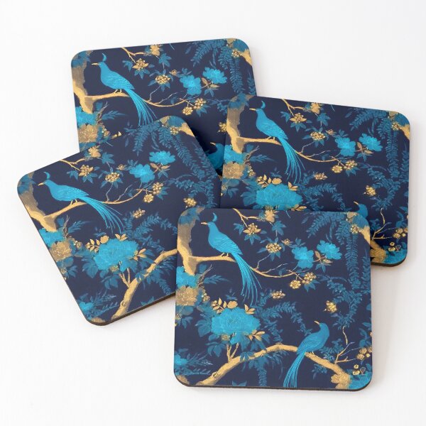 Item preview, Grandmillennial art, turquoise and gold chinoiserie birds and flowers on jewelled blue designed and sold by SophieClimaArt.