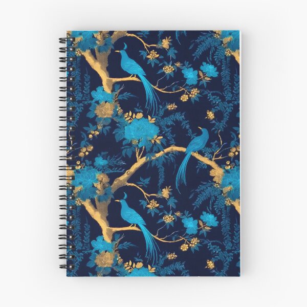 Item preview, Grandmillennial art, turquoise and gold chinoiserie birds and flowers on jewelled blue designed and sold by SophieClimaArt.