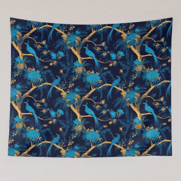 Item preview, Grandmillennial art, turquoise and gold chinoiserie birds and flowers on jewelled blue designed and sold by SophieClimaArt.