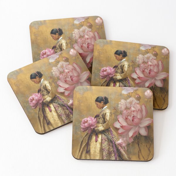Item preview, Elegant Korean Woman in Golden Hanbok with Peonies designed and sold by colorful-white.