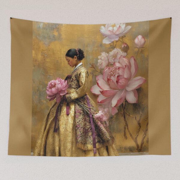 Item preview, Elegant Korean Woman in Golden Hanbok with Peonies designed and sold by colorful-white.