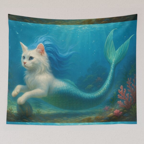 Item preview, Mermaid Cat Underwater | Magical Meowmaid Hybrid with Blue Mane designed and sold by FantasyHybrids.
