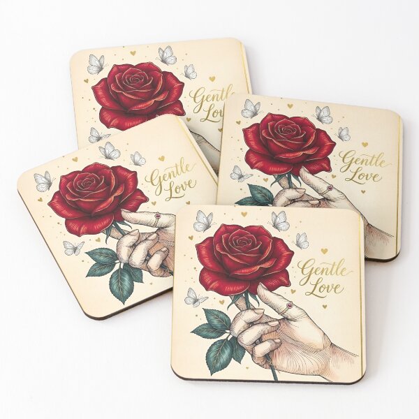Item preview, Gentle Love Vintage Hand Holding Red Rose with Butterflies and Hearts Line Art designed and sold by Good Vibes .