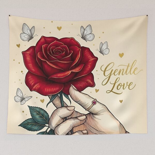 Item preview, Gentle Love Vintage Hand Holding Red Rose with Butterflies and Hearts Line Art designed and sold by Good Vibes .
