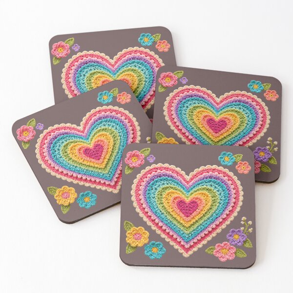 Item preview, Retro Crochet-Style Rainbow  Color Heart Print on Brown Shapes Mania designed and sold by Shapes-Mania.