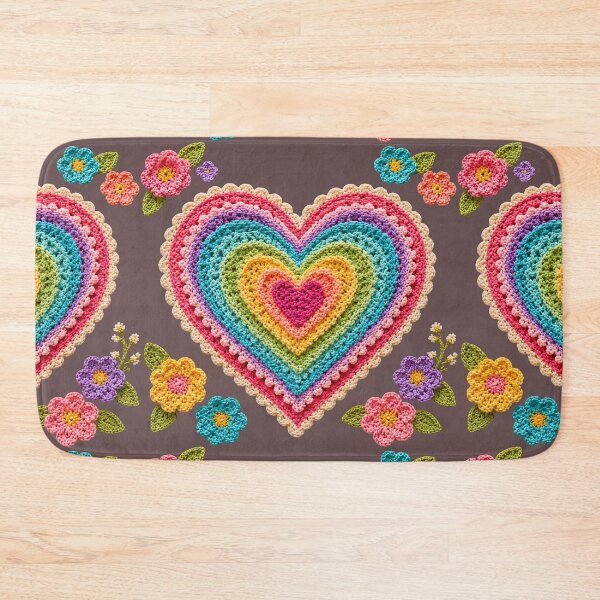 Item preview, Retro Crochet-Style Rainbow  Color Heart Print on Brown Shapes Mania designed and sold by Shapes-Mania.
