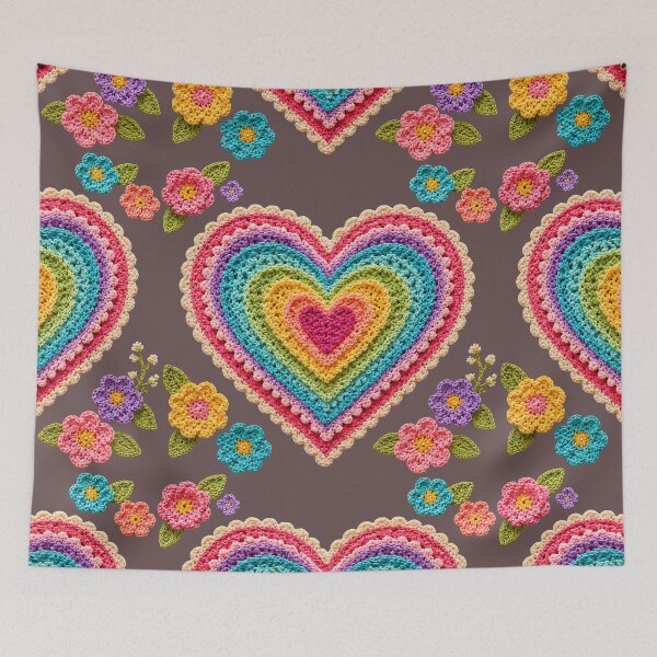 Item preview, Retro Crochet-Style Rainbow  Color Heart Print on Brown Shapes Mania designed and sold by Shapes-Mania.