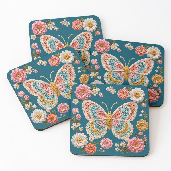 Item preview, Retro Crochet-Style Butterfly Floral Print on Blue Shapes Mania designed and sold by Shapes-Mania.