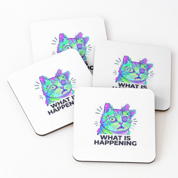 Item preview, Glitch Cat “WHAT IS HAPPENING” Meme Sticker – Trippy Neon Cat Aesthetic designed and sold by Mad World Creations.