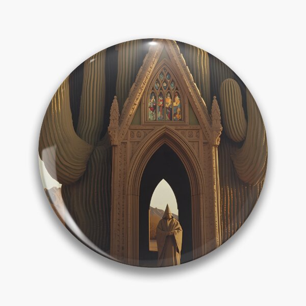 Item preview, Gothic Cactus Cathedral - Surreal Desert Sanctuary with Cloaked Monk Art designed and sold by UnRealS.