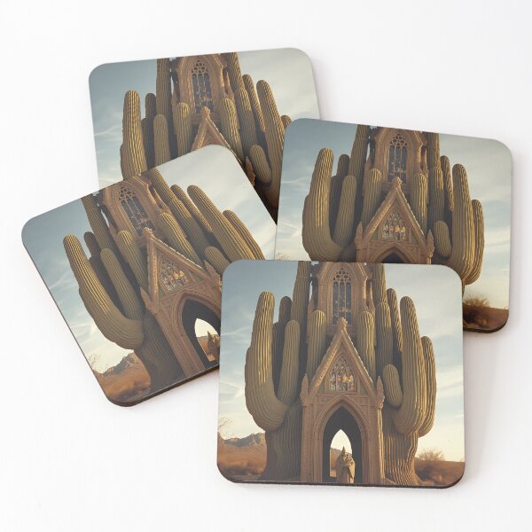 Item preview, Gothic Cactus Cathedral - Surreal Desert Sanctuary with Cloaked Monk Art designed and sold by UnRealS.