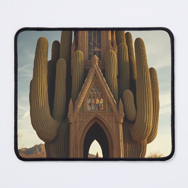 Item preview, Gothic Cactus Cathedral - Surreal Desert Sanctuary with Cloaked Monk Art designed and sold by UnRealS.