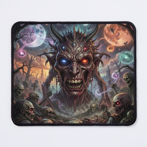 Item preview, Epic Demon Lord with Glowing Eyes Rising in a Dark Fantasy Cemetery Under Twin Moons designed and sold by FotoworldEdel.