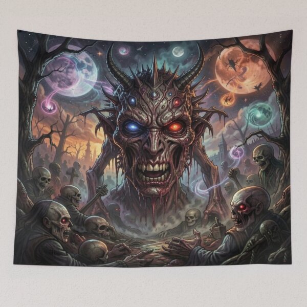 Item preview, Epic Demon Lord with Glowing Eyes Rising in a Dark Fantasy Cemetery Under Twin Moons designed and sold by FotoworldEdel.
