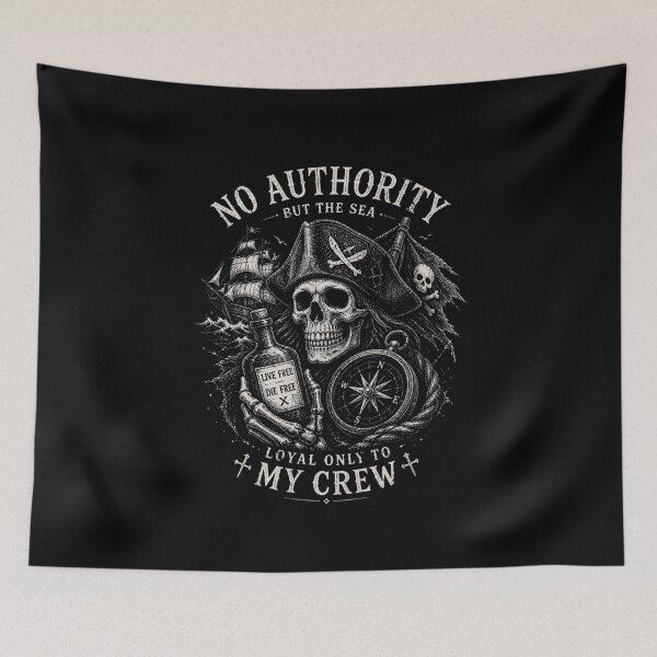 Item preview, Pirate Skull Vintage Engraving – No Authority But the Sea Dark Nautical Design designed and sold by ThreadTheory976.
