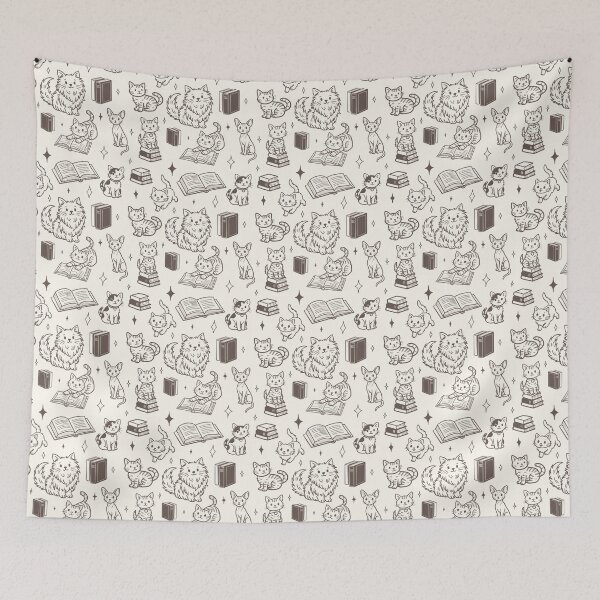 Item preview, Cute Cats and Books Doodle Seamless Pattern for Book Lovers in Mocha designed and sold by WildLakePatterns.