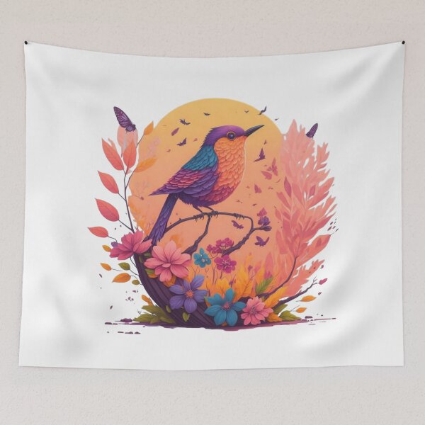 Item preview, Colorful bird amidst blossoms – Magical nature illustration | Boho wall art | Spring decor | Digital art print designed and sold by CoolContent Factory.