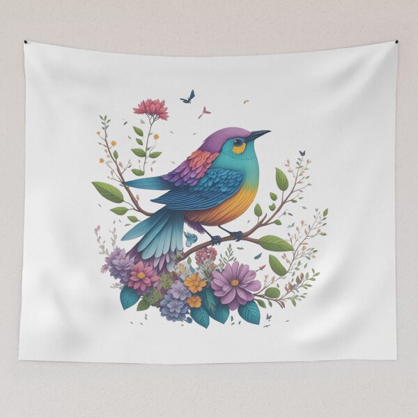Item preview, Colorful bird on a flowering branch – Magical watercolor illustration | Floral art, fantasy animal motif, wall decor, printable art designed and sold by CoolContent Factory.
