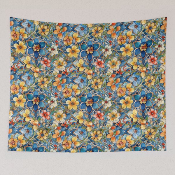 Item preview, Mediterranean Stained Glass Florals - Blue and Gold Mosaic Pattern designed and sold by pinkal.
