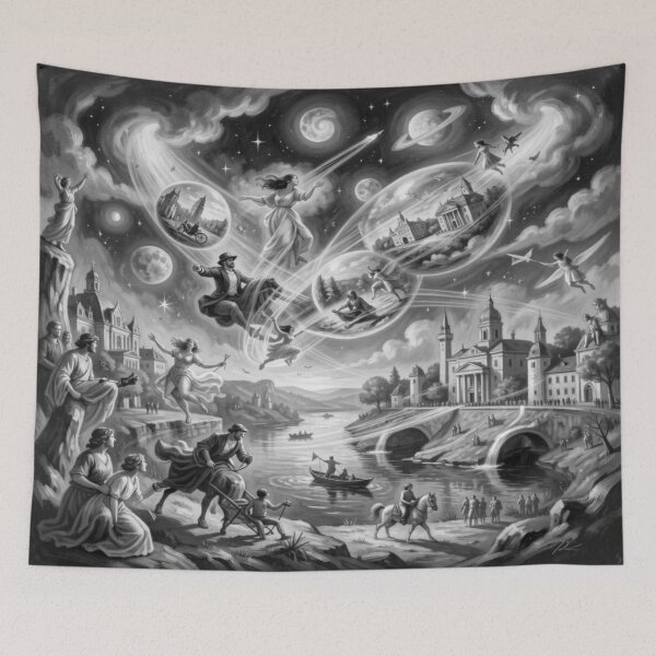 Item preview, Surreal Renoir-inspired with floating figures, cosmic worlds and poetic river landscapes designed and sold by FotoworldEdel.