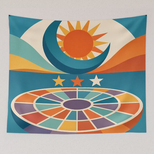 Item preview, Sun, Crescent Moon and Stars over Cosmic Wheel designed and sold by InkSmithery.