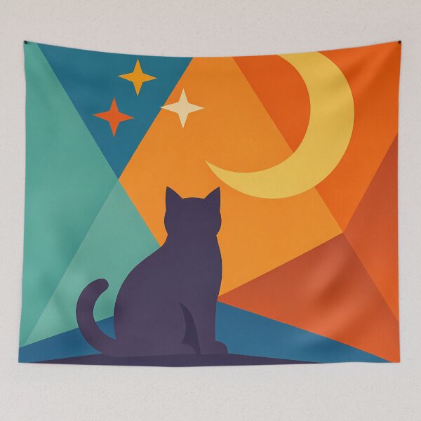 Item preview, Moonlit Cat Silhouette with Colourful Geometric Sky designed and sold by InkSmithery.