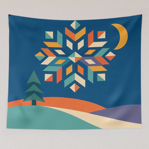 Item preview, Geometric Snowflake over Minimal Winter Hills designed and sold by InkSmithery.