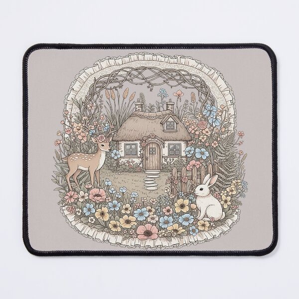 Item preview, Whimsical Cottagecore Deer Bunny Illustration Storybook Cottage Scene designed and sold by SholoStudio.