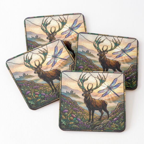 Item preview, Stained Glass Deer and Dragonfly Artwork designed and sold by SoulTreasures.