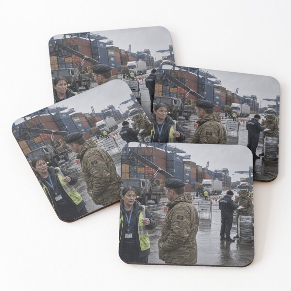 Item preview, British Military Logistics Port in the Rain | Modern War Container Terminal Print designed and sold by Element Horizon Studio.