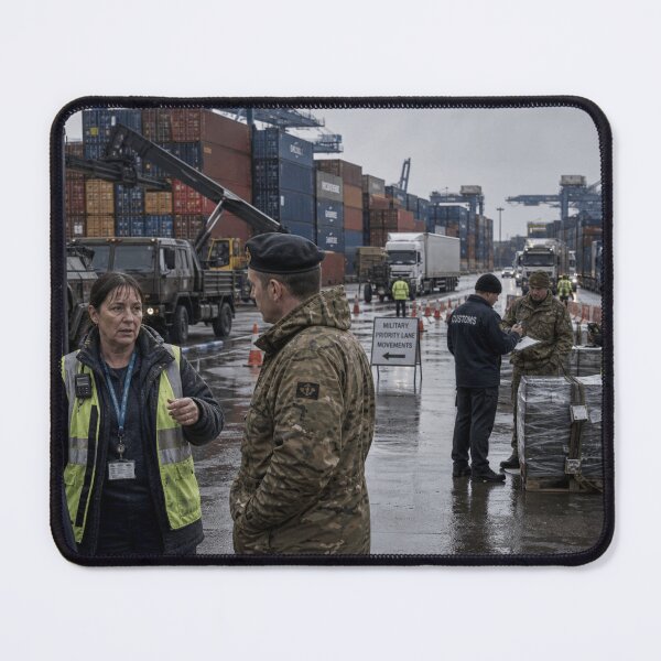 Item preview, British Military Logistics Port in the Rain | Modern War Container Terminal Print designed and sold by Element Horizon Studio.